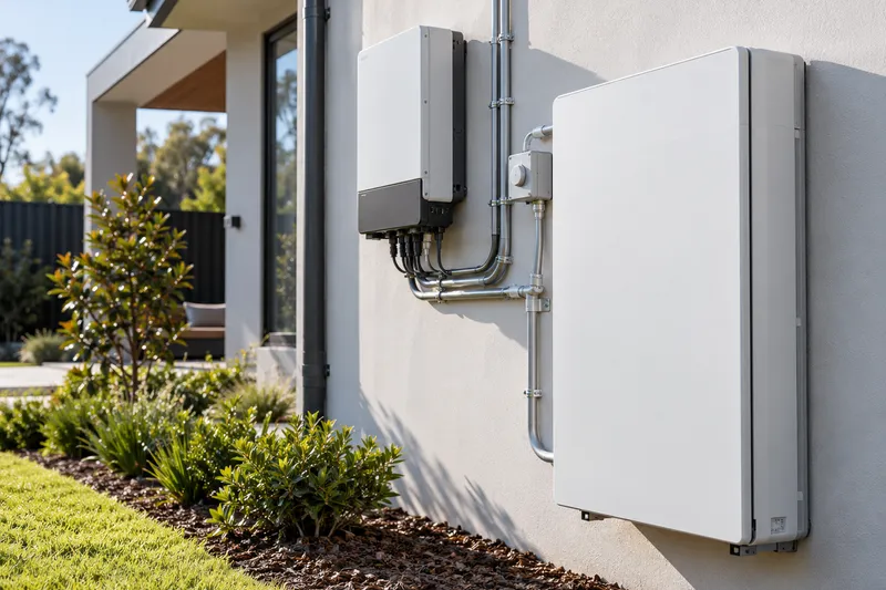 Illustration of a home battery and inverter mounted on an exterior wall