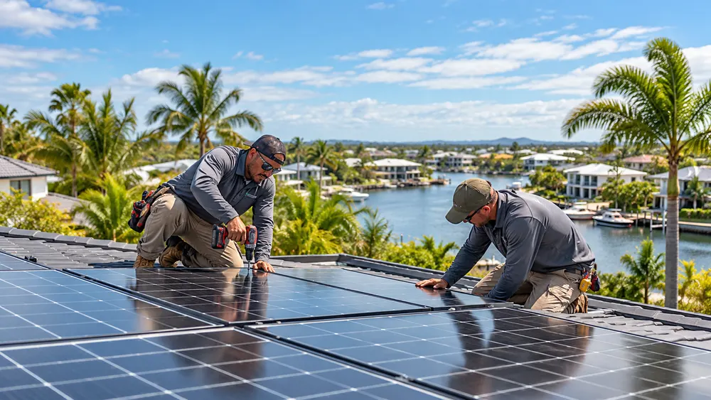 Two solar installers fitting panels on a roof above waterfront homes and palm trees